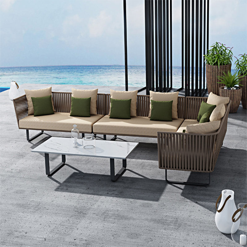 Tropical Patio Sofa Wicker/Rattan Gray Fabric With Cushions Outdoor Patio Sofa