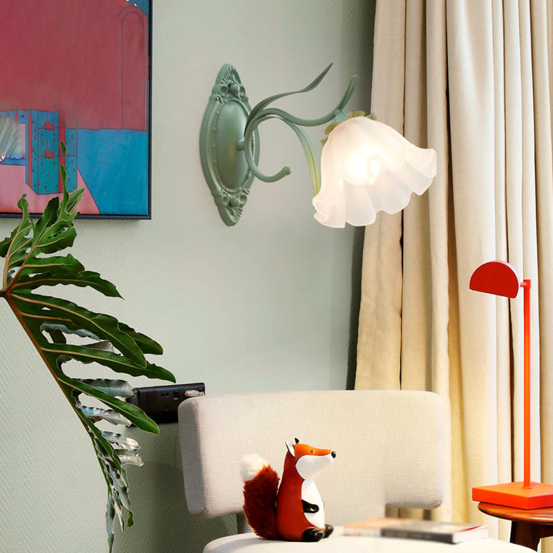 Iron and Glass Wall Light Fixture in Green & White 1 / 2 - Light Wall Sconce