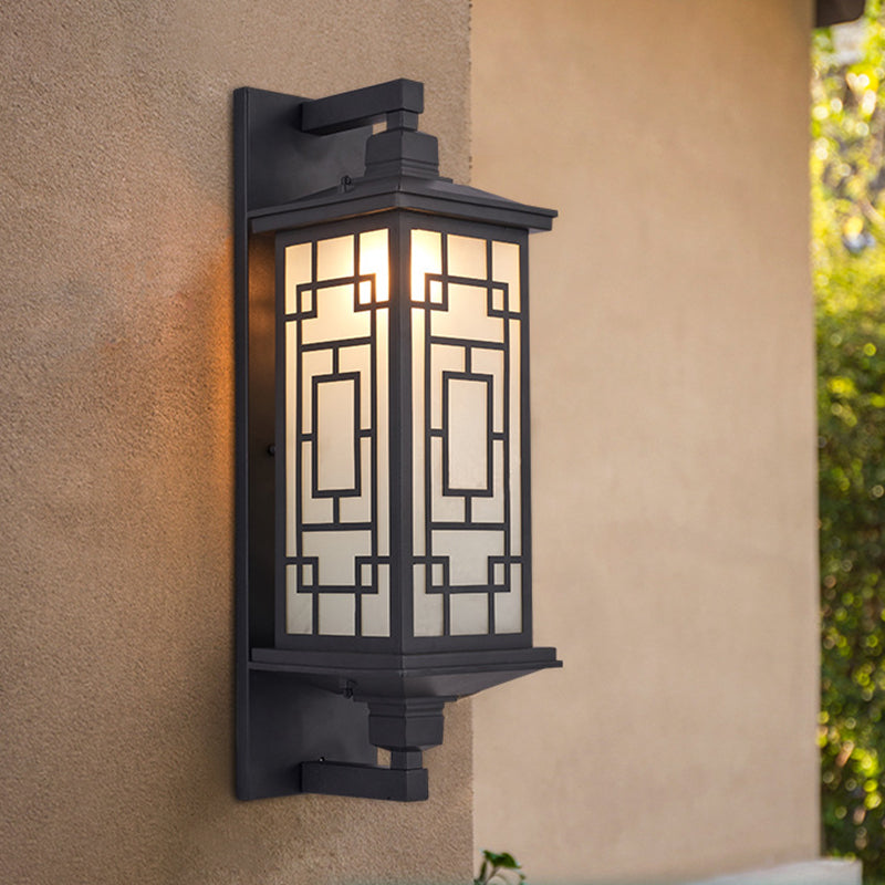 Black 1 Head Wall Sconce Lighting Country Opal Glass Cuboid Wall Lamp with Curved/Rectangle Pattern