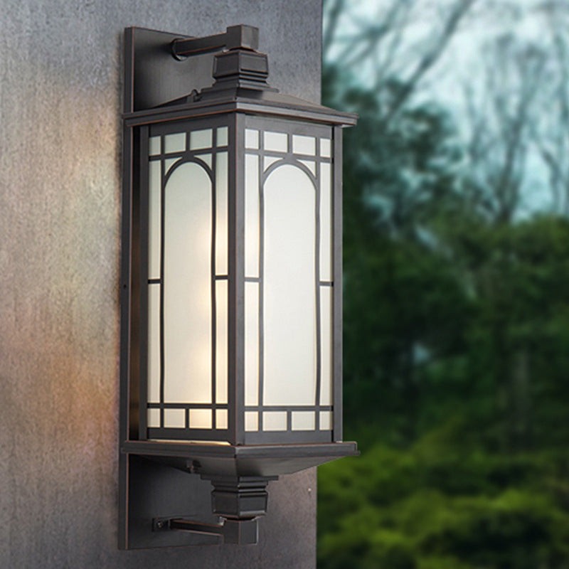 Black 1 Head Wall Sconce Lighting Country Opal Glass Cuboid Wall Lamp with Curved/Rectangle Pattern