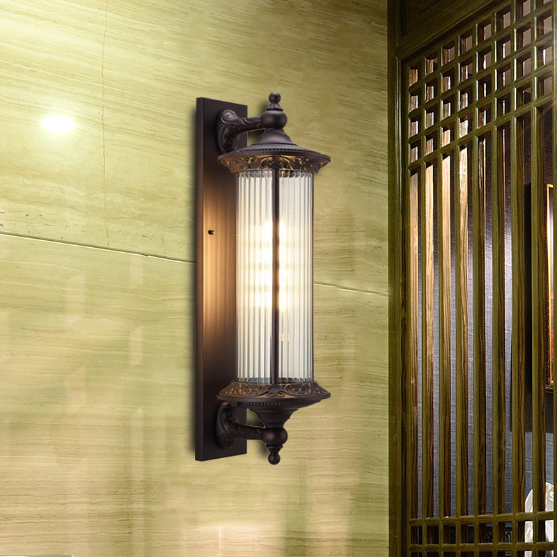 1-Light Sconce Country Outdoor Wall Mount Lamp Fixture with Cylinder Clear Ribbed Glass Shade in Dark Coffee