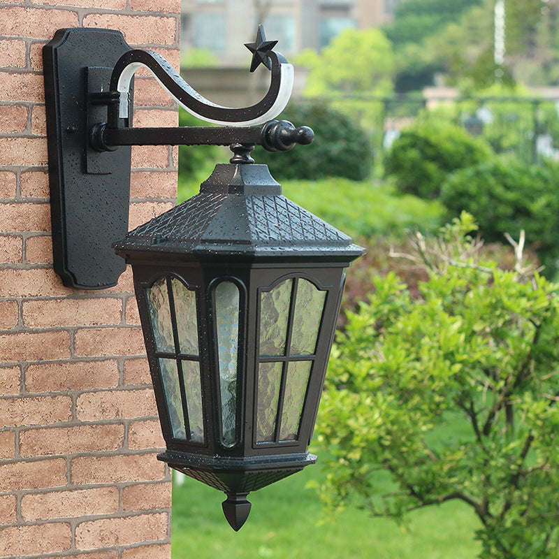 Schwarze Laternenwandländer strukturiert/Wasser Glas 1 Licht 9 "/13" W Außenwandhalterung Lampe