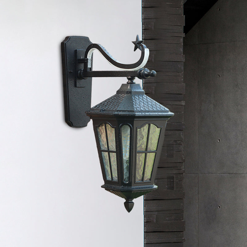 Schwarze Laternenwandländer strukturiert/Wasser Glas 1 Licht 9 "/13" W Außenwandhalterung Lampe
