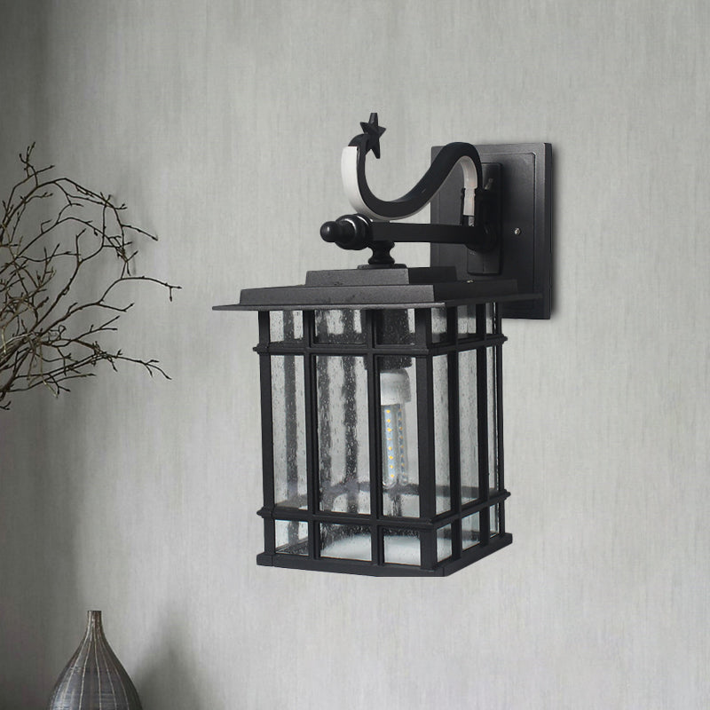 1-Kopf-Wandbeleuchtung Land Courtyard Lampe mit Quader-Säuget-Glasschatten in Schwarz
