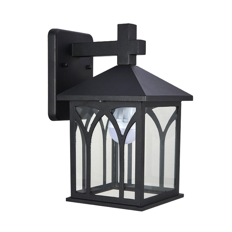 Farmhouse Cuboid Wall Mounting Lighting 1 Bulbo Lámpara de pared de vidrio transparente aplastante en negro con fondo abierto