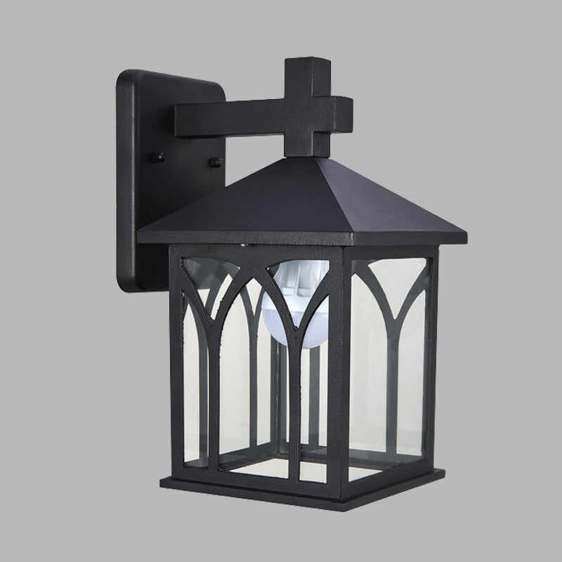Farmhouse Cuboid Wall Mounting Lighting 1 Bulbo Lámpara de pared de vidrio transparente aplastante en negro con fondo abierto