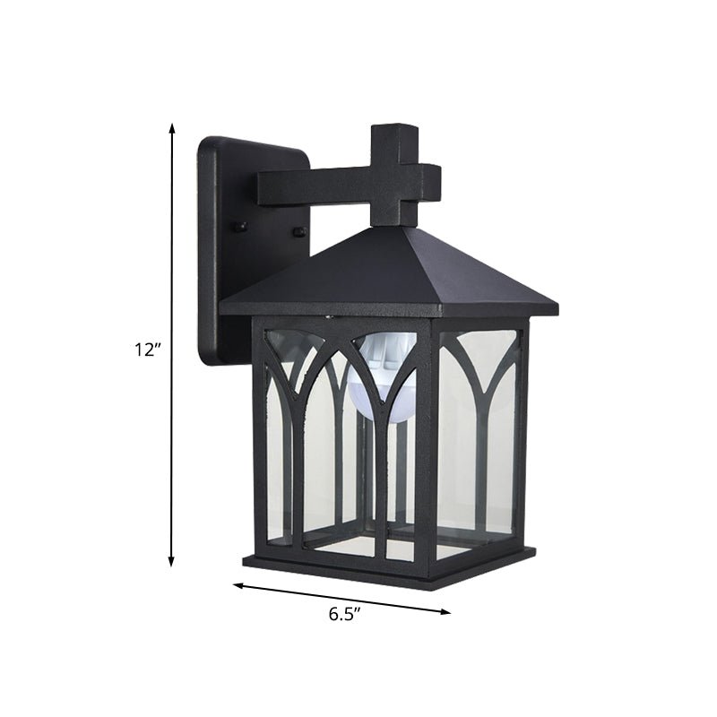 Farmhouse Cuboid Wall Mounting Lighting 1 Bulbo Lámpara de pared de vidrio transparente aplastante en negro con fondo abierto