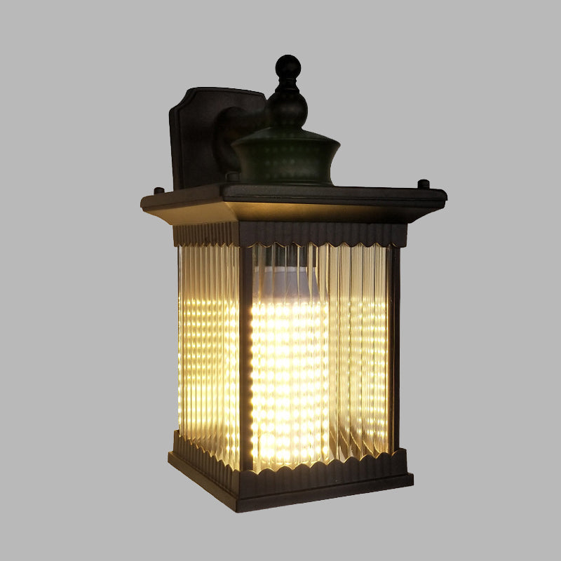 Metal Black Sconce Light Cuboid 1 Light Country Wall Mounted Lamp with Clear Ribbed Glass Shade