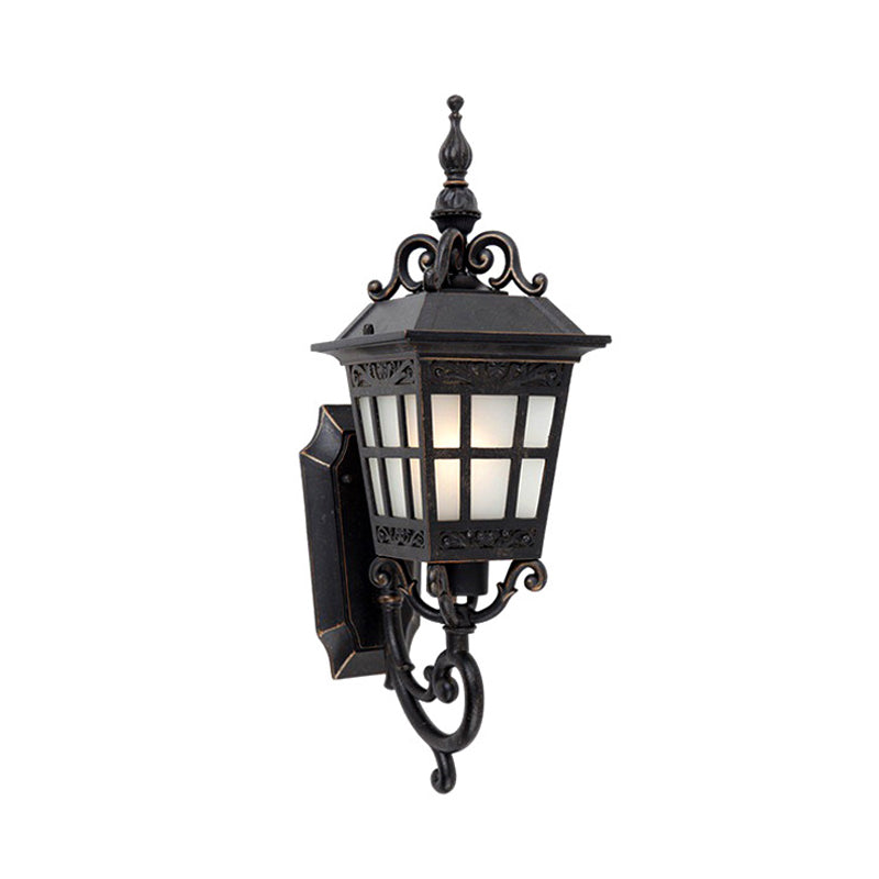 1-Light White Frosted Glass Sconce Lamp Lodges Black Finish Tower Shape Outdoor Wall Lighting Ideas