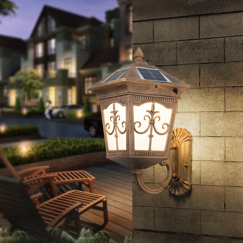 Aluminum Quartet Religion Wall Lamp Rustic 1-Light Courtyard Sconce Lighting in Brass with Solar Energy Panel