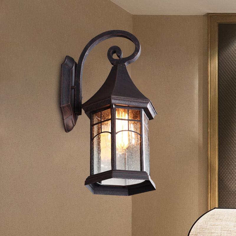 Seeded Glass Pavilion Sconce Light Farmhouse 1 Light Outdoor Wall Mount Lamp in Black/Bronze with Open Bottom Design