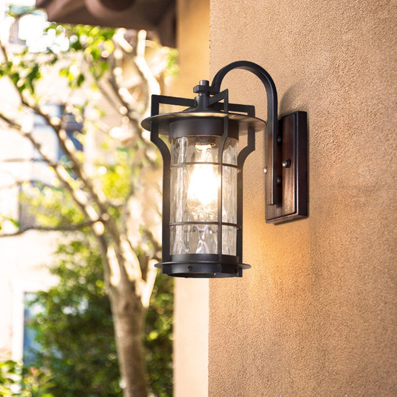 Country Cylinder Wall Light Sconce 1 Bulb Clear Water Glass Wall Mount Lamp Fixture in Black for Corner