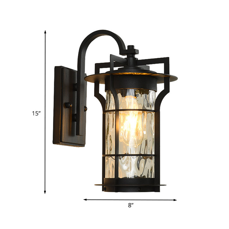 Country Cylinder Wall Light Sconce 1 Bulb Clear Water Glass Wall Mount Lamp Fixture in Black for Corner