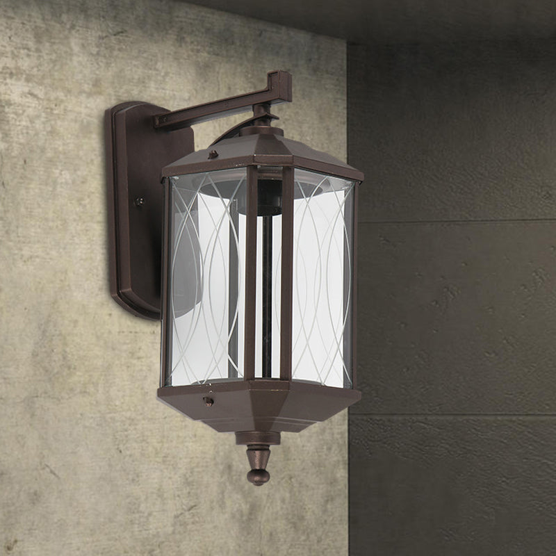 1-Head Cuboid Wall Mount Lighting Lodges Dark Coffee Clear Textured Glass Wall Sconce Lamp