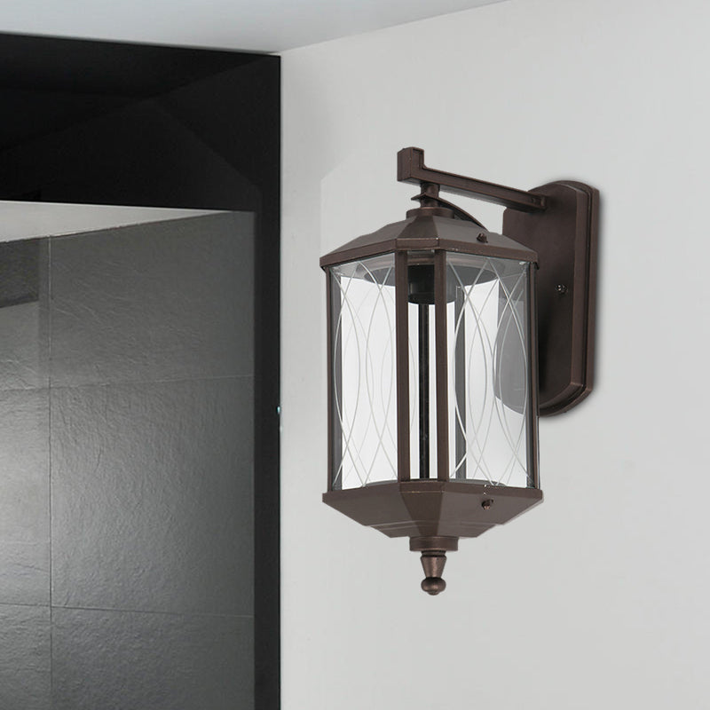 1-Head Cuboid Wall Mount Lighting Lodges Dark Coffee Clear Textured Glass Wall Sconce Lamp