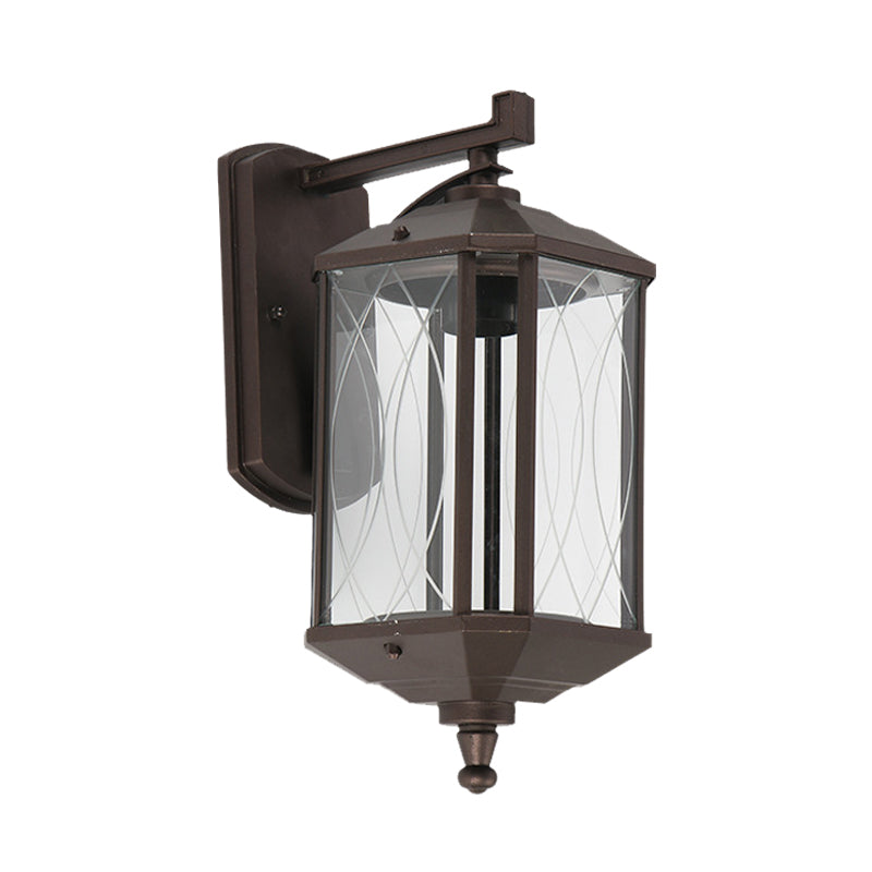 1-Head Cuboid Wall Mount Lighting Lodges Dark Coffee Clear Textured Glass Wall Sconce Lamp