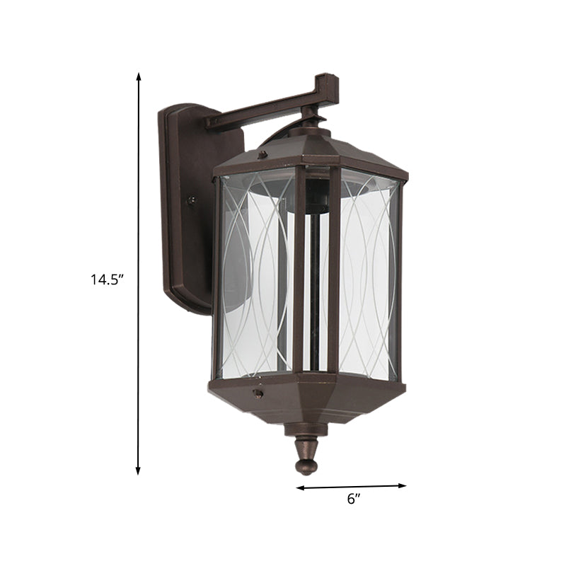 1-Head Cuboid Wall Mount Lighting Lodges Dark Coffee Clear Textured Glass Wall Sconce Lamp