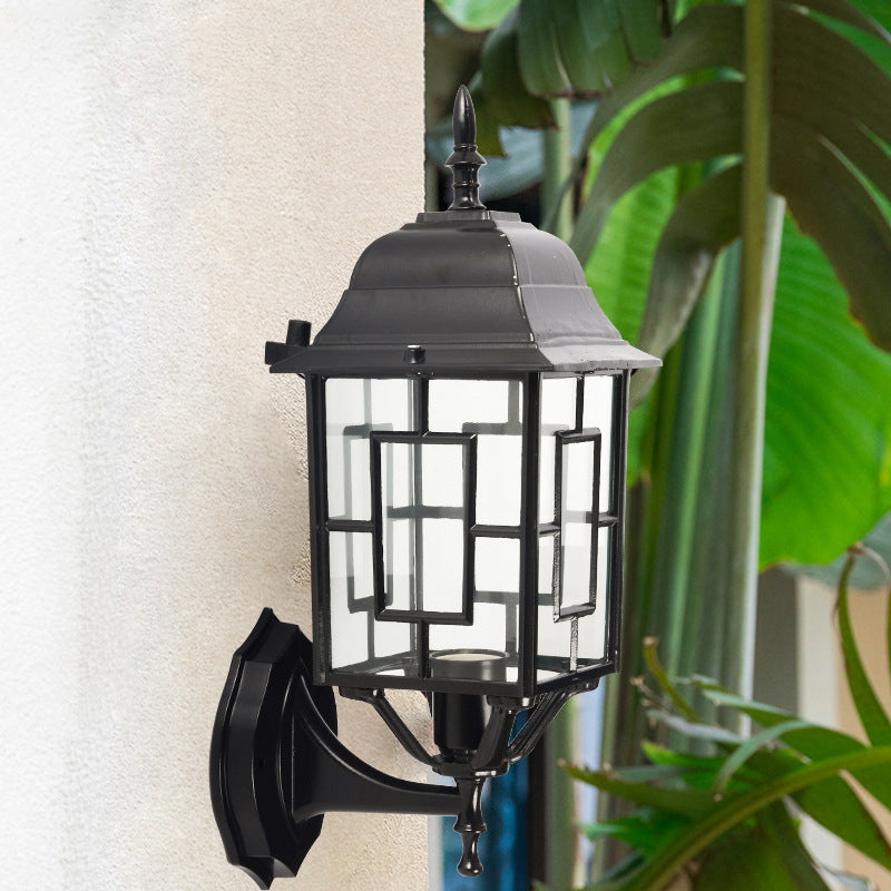 Metallic Pavilion Sconce Rustic 1 Head Garden Wall Lighting Ideas in Black with Clear Glass Shade