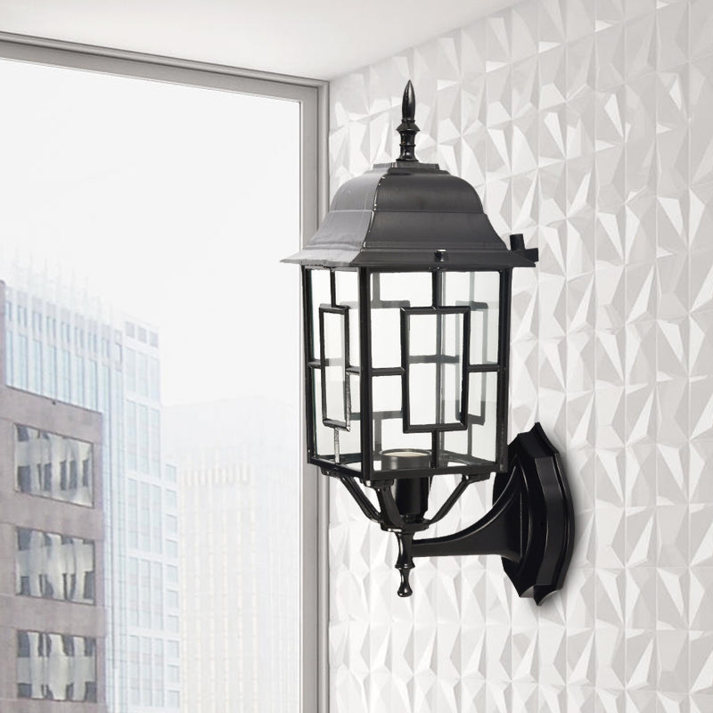 Metallic Pavilion Sconce Rustic 1 Head Garden Wall Lighting Ideas in Black with Clear Glass Shade