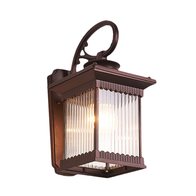 1-Head Clear Ribbed Glass Wall Light Rustic Black Finish Cuboid Outdoor Wall Sconce Lamp