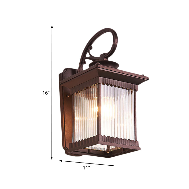 1-Head Clear Ribbed Glass Wall Light Rustic Black Finish Cuboid Outdoor Wall Sconce Lamp