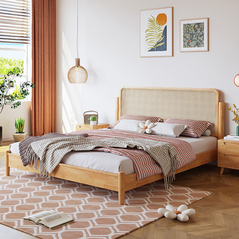 Solid Color Rattan Standard Bed Tropical Panel Bed with Headboard