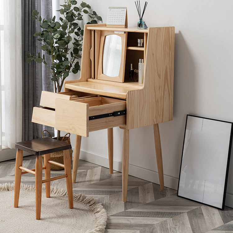 Solid Wood Makeup Table Vanity Stool with Drawers and Mirror in Brone