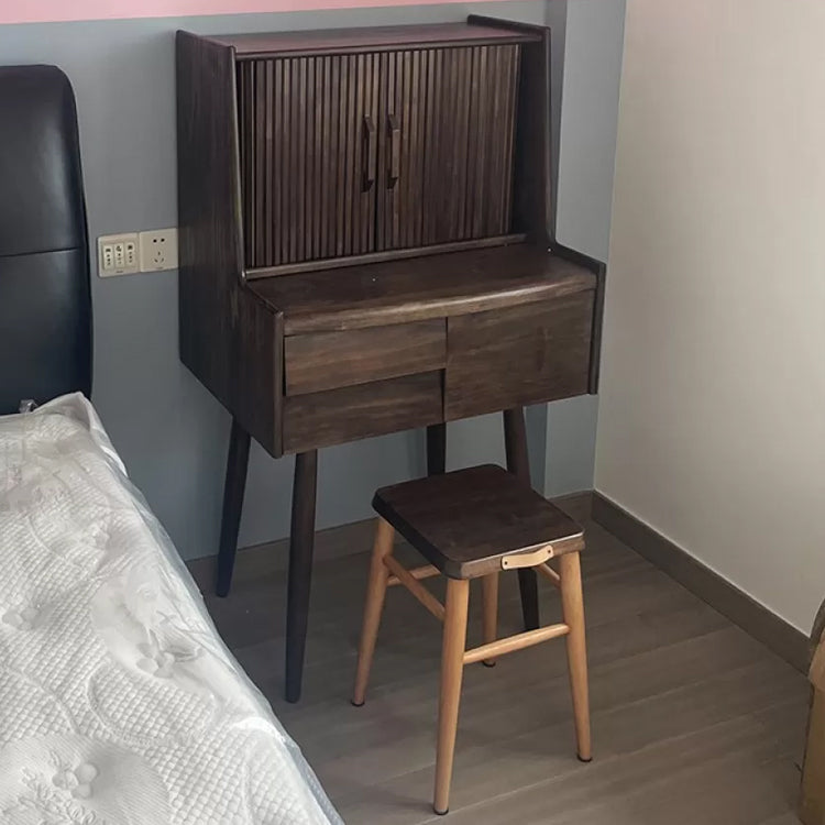 Solid Wood Makeup Table Vanity Stool with Drawers and Mirror in Brone