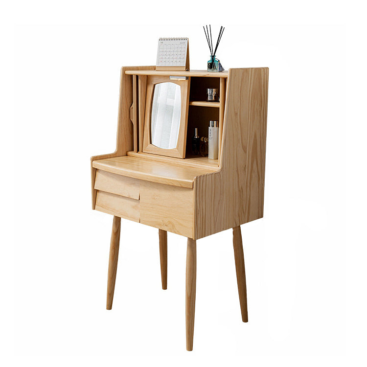 Solid Wood Makeup Table Vanity Stool with Drawers and Mirror in Brone