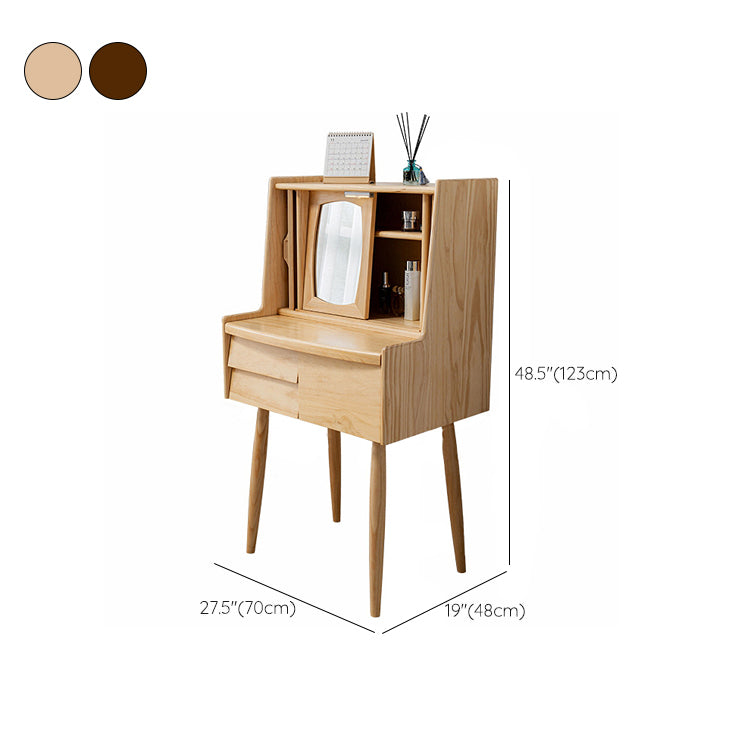 Solid Wood Makeup Table Vanity Stool with Drawers and Mirror in Brone