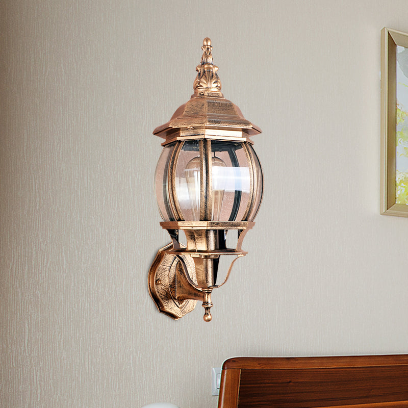 1 Bulb Wall Light Fixture Country Outdoor Wall Lighting Ideas with Global Clear Glass Shade in Brass