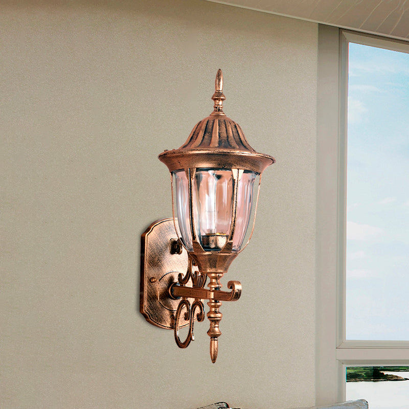 Brass Urn-Like Wall Sconce Lamp Lodges Clear Prismatic Glass 1 Light Outdoor Wall Light Fixture