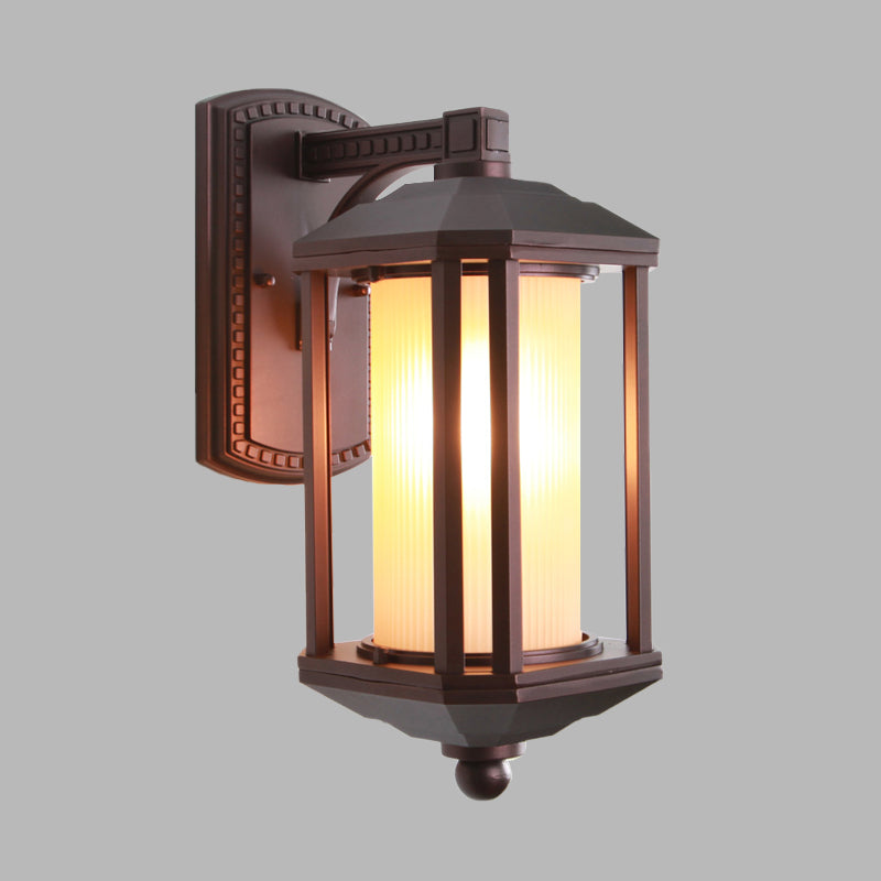 Dark Coffee Cylinder Wall Light Sconce Country Frosted Glass 1 Head Outdoor Wall Lighting Ideas with Frame