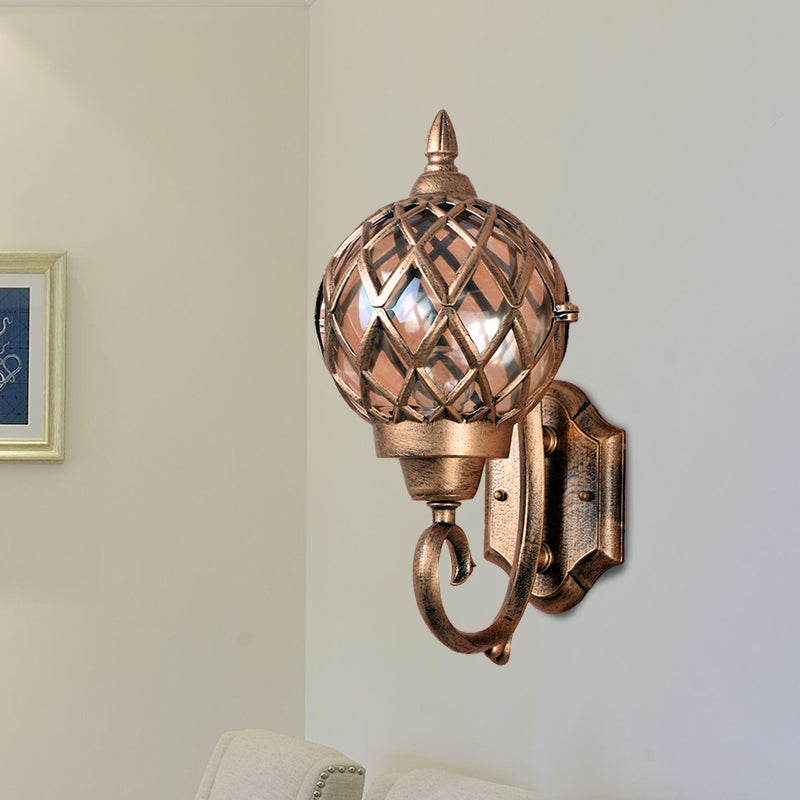 Clear Glass Globe Wall Sconce Lighting Lodges 1-Bulb Outdoor Wall Mount Lamp in Brass with Cage