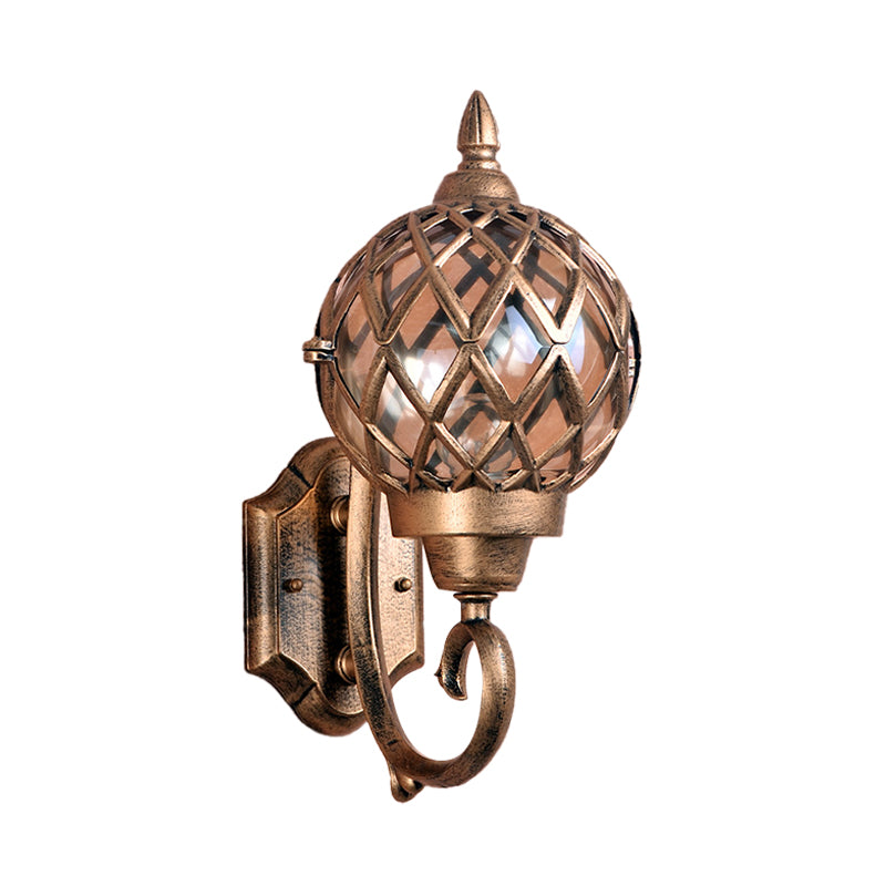 Clear Glass Globe Wall Sconce Lighting Lodges 1-Bulb Outdoor Wall Mount Lamp in Brass with Cage