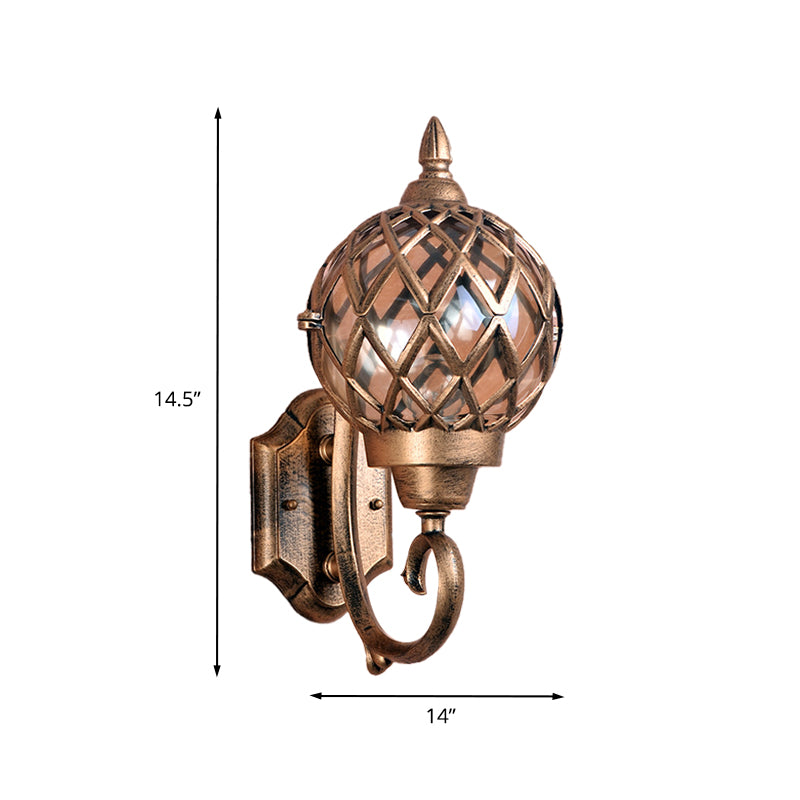 Clear Glass Globe Wall Sconce Lighting Lodges 1-Bulb Outdoor Wall Mount Lamp in Brass with Cage
