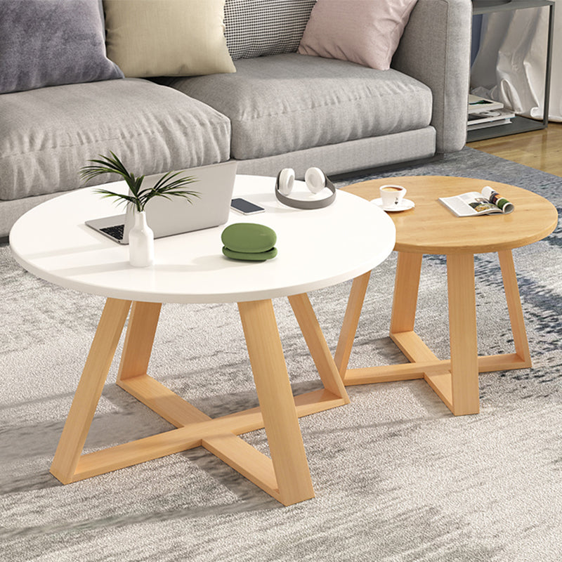 Solid Wood Coffee Table Round Cross Legs Bunching Coffee Table Set
