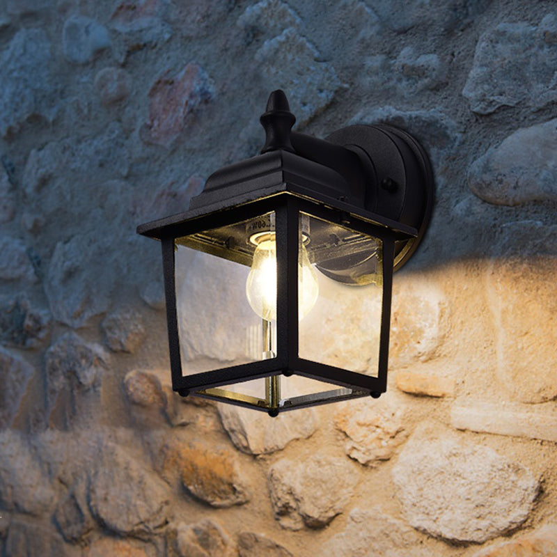 Clear Glass Black Sconce Light Fixture Cube 1 Light Farmhouse Wall Mounted Lamp for Gate