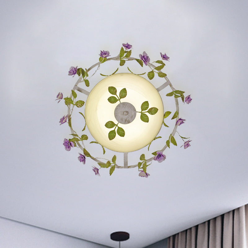 Pastoral Style Bowl Flush Light 2 Heads White Glass Flush Mount Ceiling Lamp with Bloom Decoration