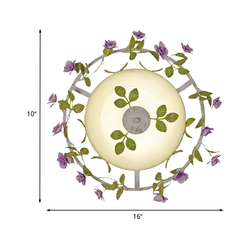 Pastoral Style Bowl Flush Light 2 Heads White Glass Flush Mount Ceiling Lamp with Bloom Decoration