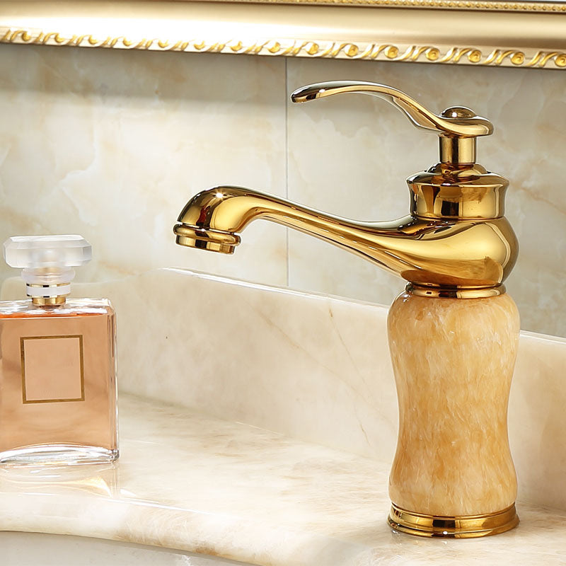 Deck Mounted Copper Tub Faucet Low Arc Roman Tub Faucet Set with Jade