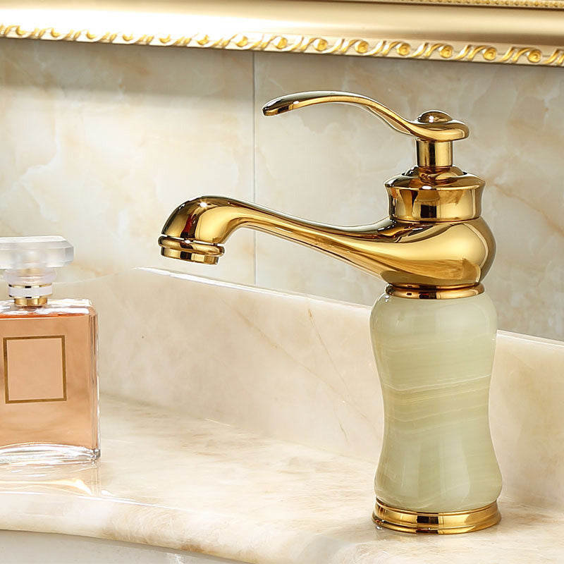 Deck Mounted Copper Tub Faucet Low Arc Roman Tub Faucet Set with Jade