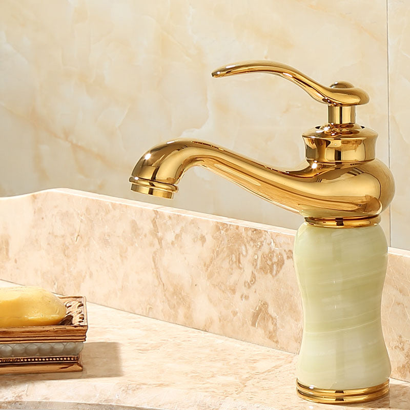 Deck Mounted Copper Tub Faucet Low Arc Roman Tub Faucet Set with Jade