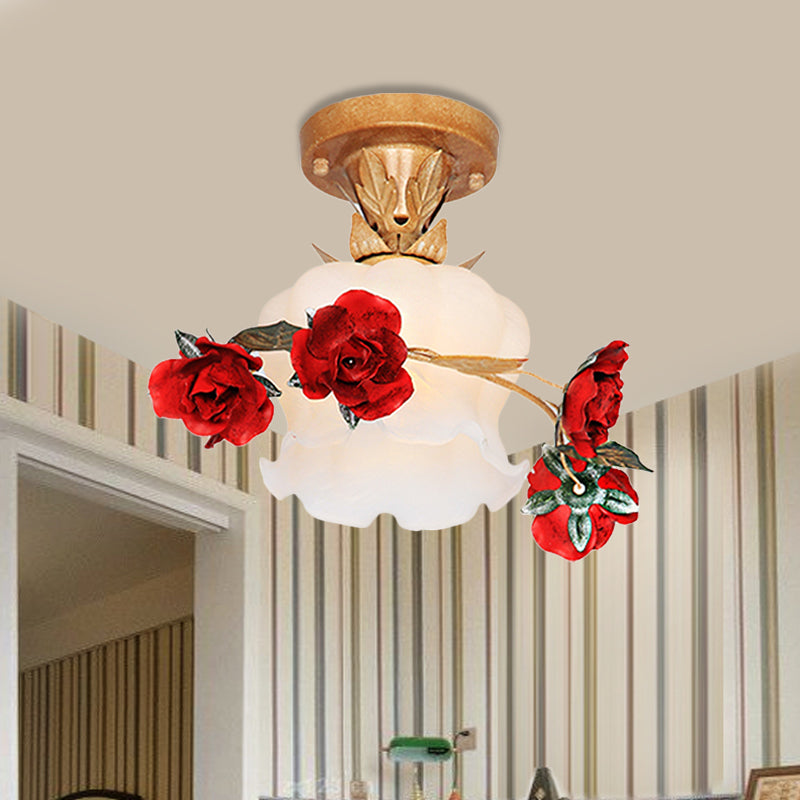 1 Light Bloom Semi Flush Mount Pastoral Style Brown Milky Glass Close to Ceiling Lighting Fixture