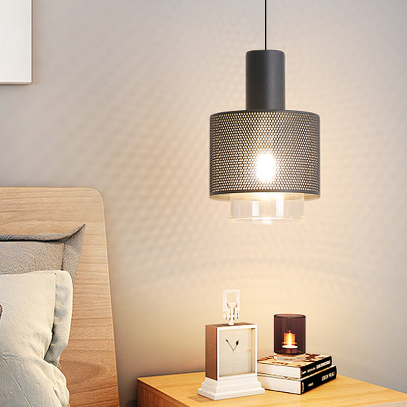 Modern Drum Mesh Pendant Lighting Iron 1 Head Bedside Hanging Ceiling Lamp in Black with Cylinder Clear Glass Shade