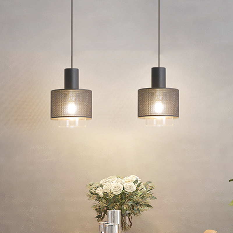 Modern Drum Mesh Pendant Lighting Iron 1 Head Bedside Hanging Ceiling Lamp in Black with Cylinder Clear Glass Shade