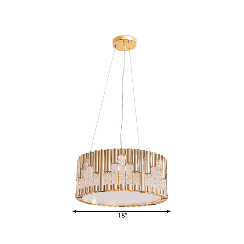 Pleen de tambour contemporain Metal Metal 3 Lights Laut de suspension de salon en or avec tube en verre transparent en spirale