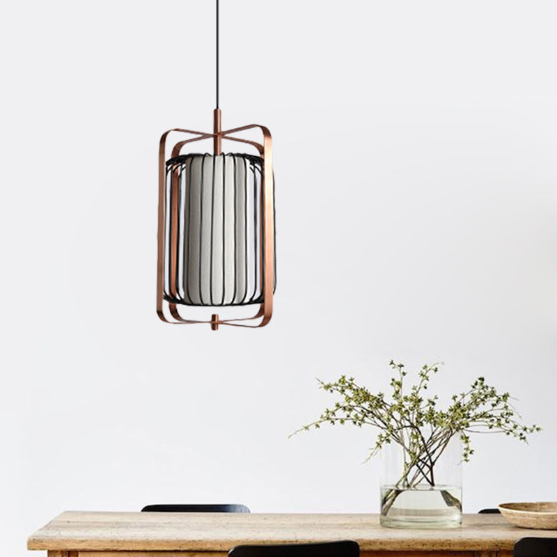 Rectangle Frame Pendant Modernism Metal 1 Light Rose Gold Suspension Lamp with Cylinder Black Cage and White Fabric Shade