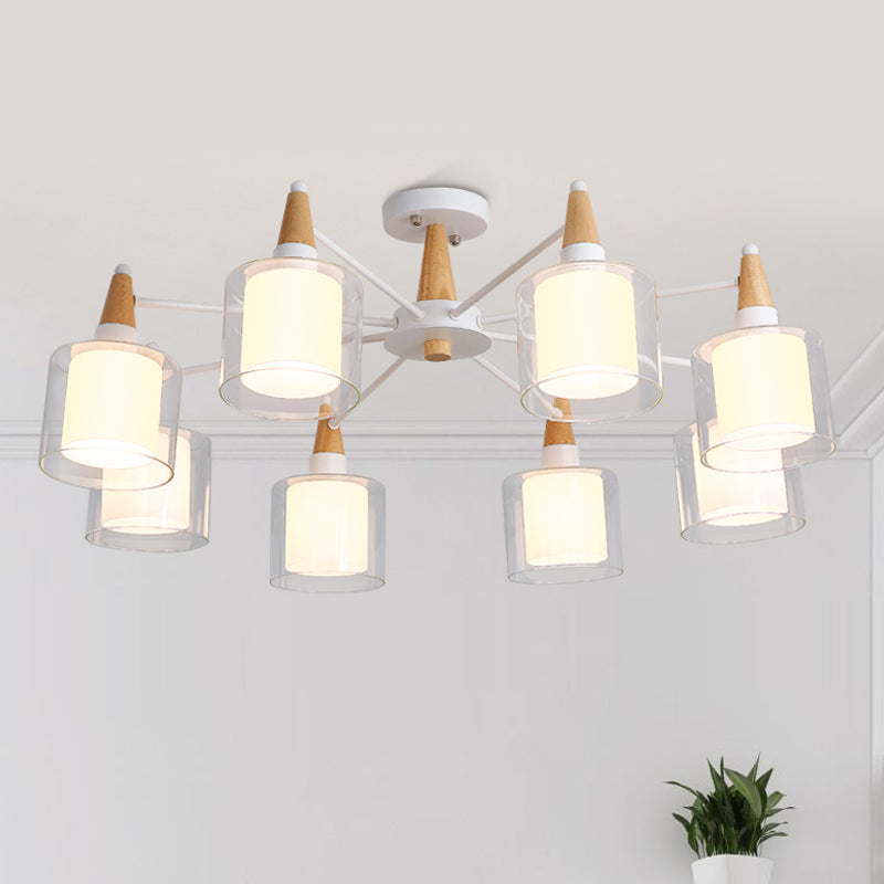Beige Double Cylinder Flush Mount Fixture Modernism 8 Heads Clear and White Glass Semi Close to Ceiling Light
