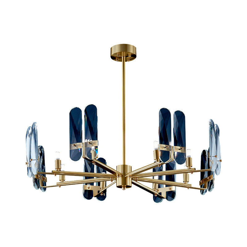 Pannello ovale in vetro blu appeso al soffitto Light Postmodern 8 lampadina in ottone Lampada a LEDELIE LED con design radiale